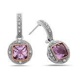 Square Cut Amethyst, Diamond, Sterling Silver and 14k Rose Gold Earrings