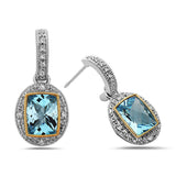 Radiant Cut Blue Topaz, Diamond, Sterling Silver and 14k Yellow Gold Earrings