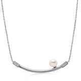 14k White Gold 6-6.5mm Akoya and Diamond Curved Bar Necklace