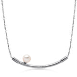 14k White Gold 6-6.5mm Akoya and Diamond Curved Bar Necklace