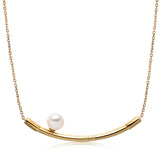 14k Yellow Gold 6-6.5mm Akoya and Diamond Curved Bar Necklace