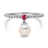 14k White Gold 5-5.5mm Dangle Akoya Pearl and Pink Tourmaline Stackable Ring