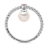 14k White Gold 5-5.5mm Dangle Akoya Pearl and Pink Tourmaline Stackable Ring