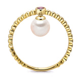 14k Yellow Gold 5-5.5mm Dangle Akoya Pearl and Pink Tourmaline Stackable Ring