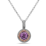 Round Cut Amethyst, Diamond, Sterling Silver and 14k Rose Gold Pendant