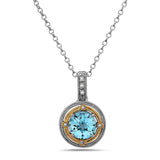 Round Cut Blue Topaz, Diamond, Sterling Silver and 14k Yellow Gold Pendant