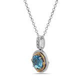 Round Cut Blue Topaz, Diamond, Sterling Silver and 14k Yellow Gold Pendant