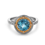 Round Cut Blue Topaz, Diamond, Sterling Silver and 14k Yellow Gold Ring