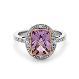 Radiant Cut Amethyst, Diamond, Sterling Silver and 14k Rose Gold Ring