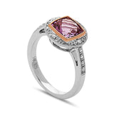 Square Cut Amethyst, Diamond, Sterling Silver and 14k Rose Gold Ring